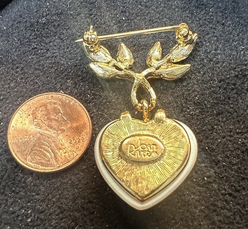 Vintage Brooch JOAN RIVERS 1990s Faux Pearl Heart & Leaves Goldtone Jewellery