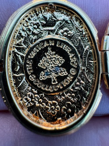 The Vatican Library Collection Gold Bar Locket Dangle Brooch Pin Red Crystals