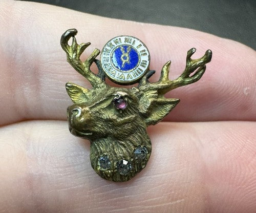 Antique Elks 3 Stone Screw Back Pin B.P.O.E. Elk Club