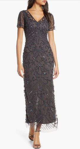 Pisarro Nights Beaded Mesh Cocktail Column Gown in Slate Size 16 NWT $268