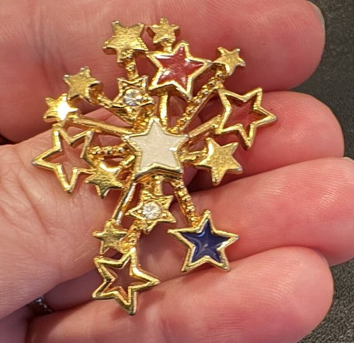 VTG Avon Patriotic Fireworks July 4th Stars Rhinestones Enamel Pin Tie Tack Flag