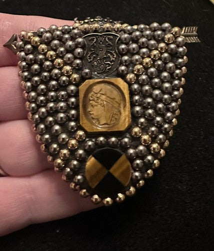 Exquisite Richard Minadeo Heraldic Shield Brooch Pin Carved Tiger Eye Cameo