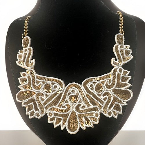 Kenneth Jay Lane Sequin Seed Bead White Gold Tone Adjustable Necklace