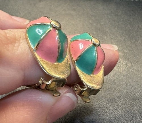Vintage Gay Boyer Clip On Earrings Jockey Hat Horse Racing Enamel Pink Green