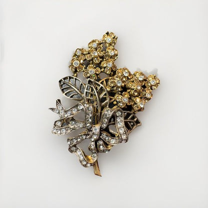 Stunning VTG Oscar De La Renta Rhinestone Large Flower & Bow Brooch