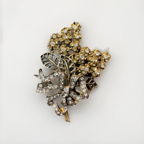 Stunning VTG Oscar De La Renta Rhinestone Large Flower & Bow Brooch