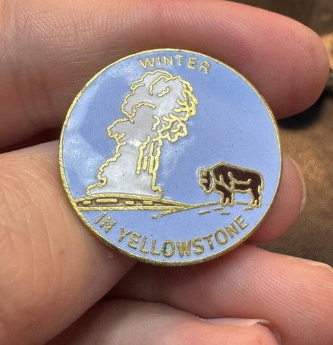 Vintage Winter In Yellowstone National Park Pin Souvenir Buffalo Old Faithful