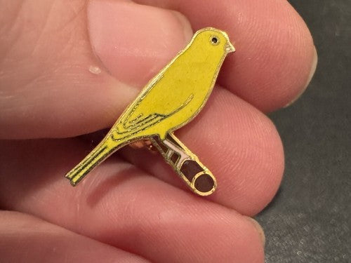 Vintage Yellow Canary on a Perch Bird Brooch Pin Lightweight Metal Enamel Tiny!