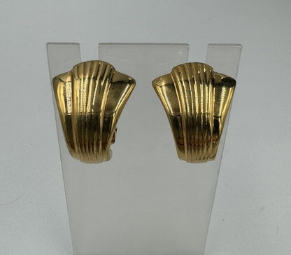 Vintage Signed KJL Kenneth J Lane Gold Tone Clip On Post Earrings Fan Shell Deco