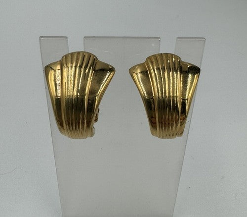 Vintage Signed KJL Kenneth J Lane Gold Tone Clip On Post Earrings Fan Shell Deco