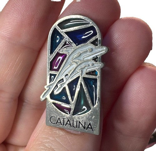 Vintage Catalina Island Pewter Stained Glass Look Travel Souvenir Pin Dolphins