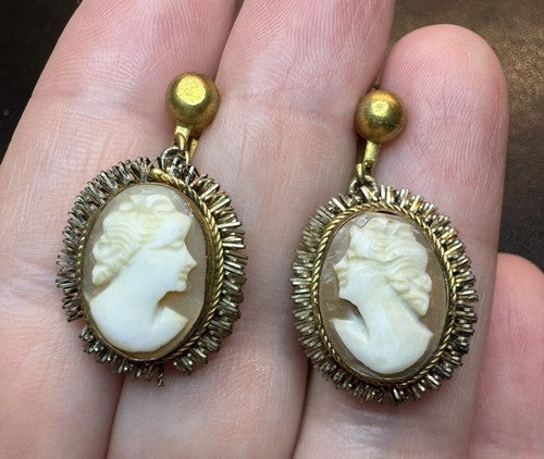 Antique Cameo Shell Dangle Screw Back Earrings