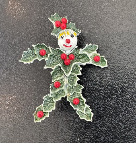 VTG MCM BJ Beatrix Christmas Brooch Enamel Snowman Holly Leaves Berries