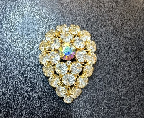 VINTAGE JULIANA DELIZZA & ELSTER AURORA BOREALIS FILIGREE BROOCH EUC GOLD TONE
