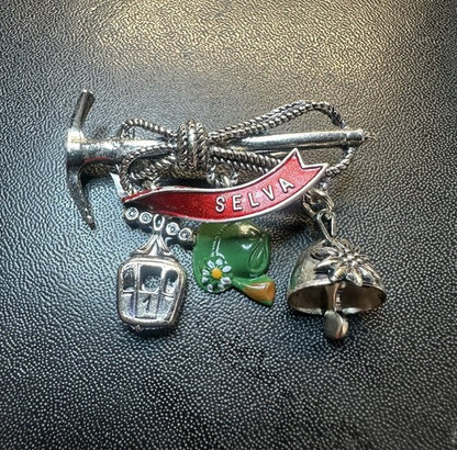 Vintage Selva Sëlva Italy Oktoberfest Tyrol Hat Pin Gondola Bell Ski Rope