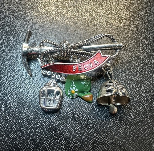 Vintage Selva Sëlva Italy Oktoberfest Tyrol Hat Pin Gondola Bell Ski Rope