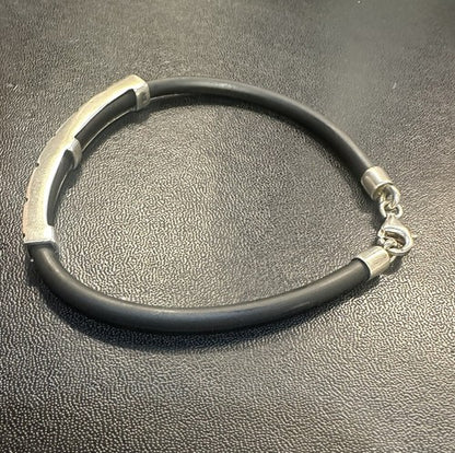 Sterling Silver & Black Rubber Cord Greek Key Bracelet