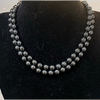 Vintage Hematite Beaded Double Strand Choker Necklace Signed 16.5” 116g