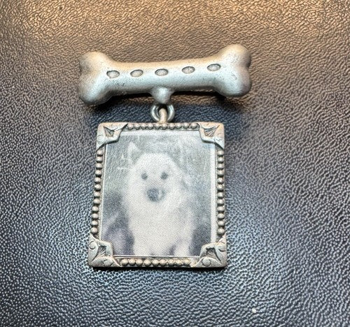 Vintage Signed JJ Dog Photo Frame With Bone Silver Tone Brooch Pin Jewelry