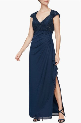 Alex Evenings Womens Embellished Empire Waist Drape Evening Dress 14 Blue