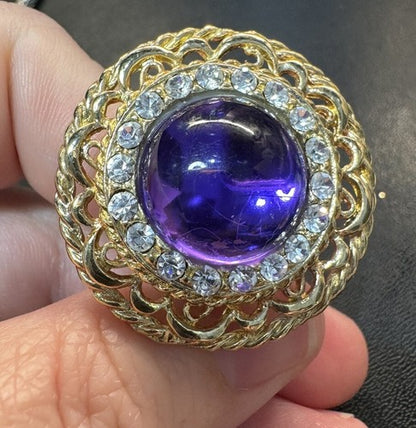 FABULOUS 1980's 1990’s Vintage PURPLE CABOCHON Rhinestone GOLD TONECLIP EARRINGS