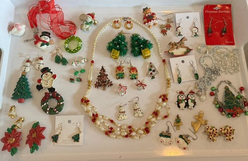 Lot Vintage To Now Christmas Pins Brooch Earrings Lot Some Signed 57pcs.