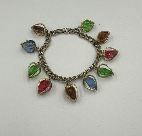 Vintage Lovely Gold Tone Caged Heart Multicolor Dangle Charm Bracelet Rainbow