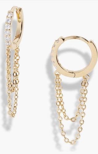 Huggies w/ dangle Chain Cubic Zirconia Gold Huggies Earrings Edgy Modern Pave
