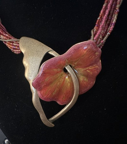 Chicos Statement Necklace Hibiscus Hummingbird Flower Pink Red Gold Enamel