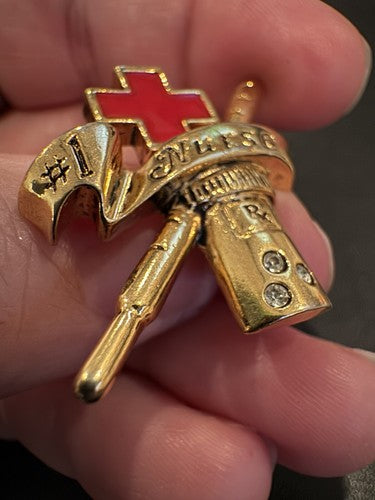 Vtg Avon #1 Nurse Pin Brooch Back Red Cross Rhinestone Gold Tone Medical 10211