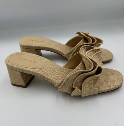 Larroude Brigitte Ruffle Mule Size 7 Beige Raffia Block Heel Sandal Brigite