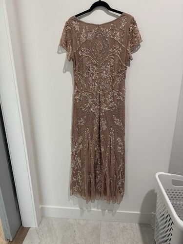 Pisarro Nights Beaded Mesh Midi Gown Beaded Sequin Beige Dress Size 10