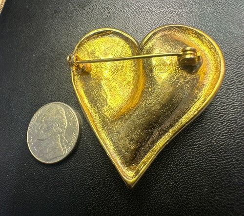 Vintage 1980's Gold-Tone Stylized Swirling Heart Brooch - Heavy