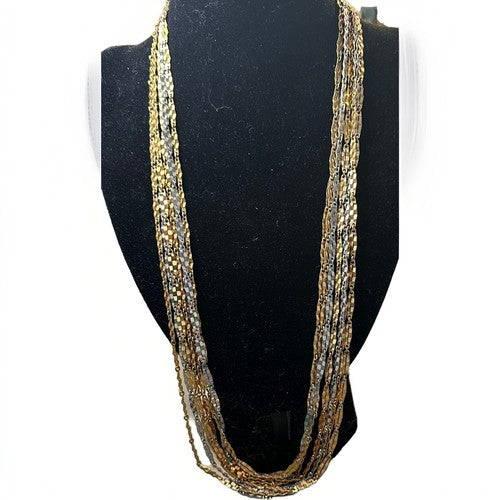 Vintage Faceted Etched Metal Chain Necklace Multi Strand Gold Silver Tone