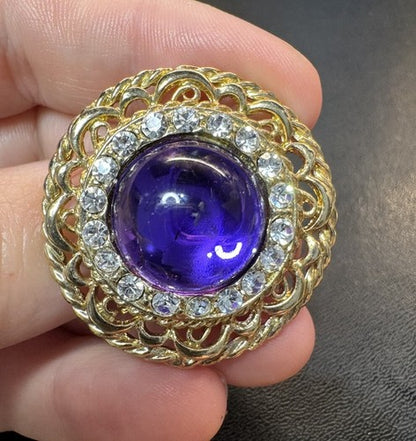 FABULOUS 1980's 1990’s Vintage PURPLE CABOCHON Rhinestone GOLD TONECLIP EARRINGS