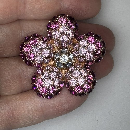 Signed Nolan Miller Ombre Pave Pink Purple Rhinestone Flower Pendant Brooch Pin