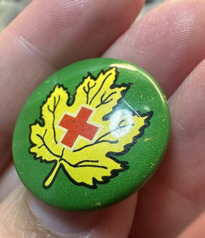 VTG WW2 Red Cross Lapel Pin Canada Green Leaf Canadian Pin back Button