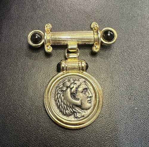 VINTAGE GOLD TONE ANCIENT COIN BAR DANGLE ENHANCER BROOCH PIN 2" NEW