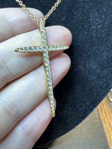 Elegant Nadri Crystal Rhinestone Gold Tone Cross Pendant 25" Necklace