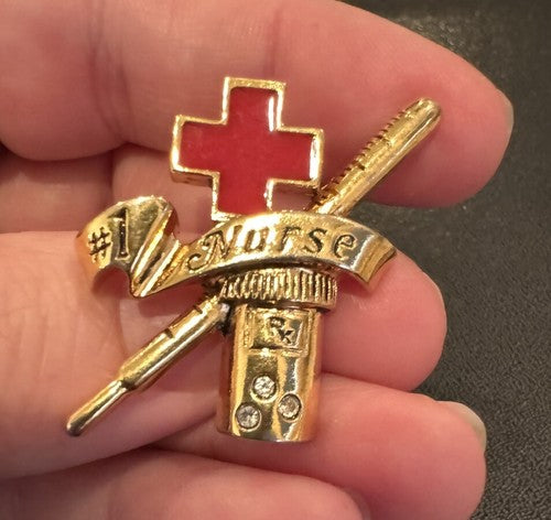 Vtg Avon #1 Nurse Pin Brooch Back Red Cross Rhinestone Gold Tone Medical 10211