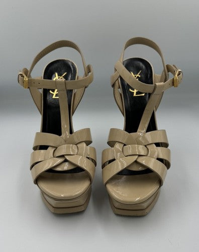 YSL SAINT LAURENT Tribute Patent Leather Platform Heels 37.5 7 Nude Strappy