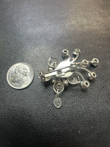 Vtg 1950s Miraculous Mary Medal Silver Rhinestone Blue Crystal Flower Brooch Pin