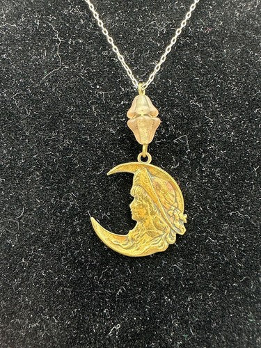 Signed Piddily Links Vintage Necklace Pendant Crescent Moon Glass 1980s RARE
