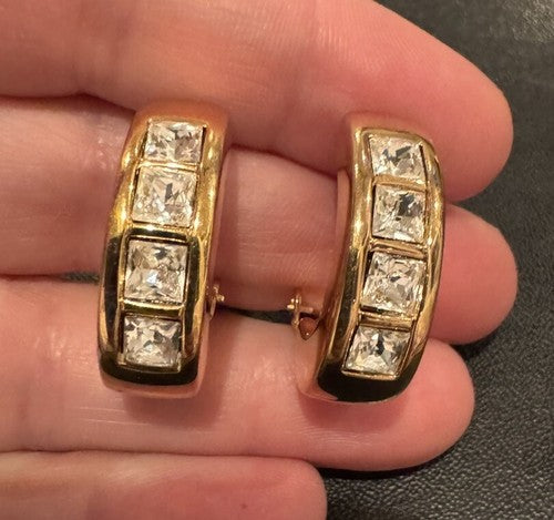 Vintage Swarovski Chunky Half Hoop Crystal Gold Clip On Earrings
