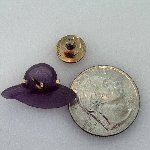 AVON Garden Party Pin Purple Sunhat Gold Tone Bow Lapel Hat Easter Bonnet