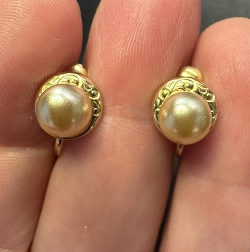 Amco 1/20 12kt Gold Filled ScrewBack Earrings Faux Pearl Art Nouveau Vintage