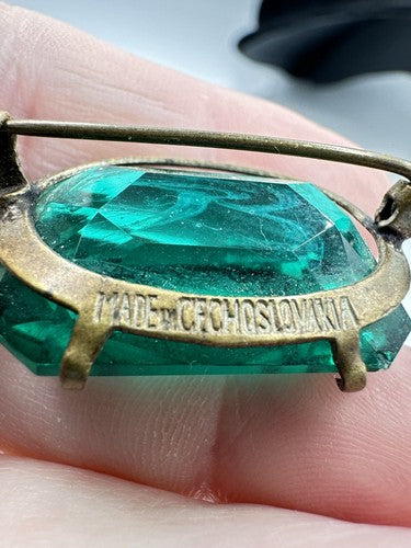 Incredible Antique Early Art Deco Made In Czechoslovakia Green Glass Brooch