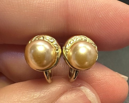 Amco 1/20 12kt Gold Filled ScrewBack Earrings Faux Pearl Art Nouveau Vintage