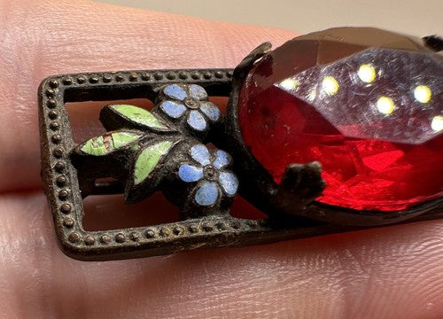 Vtg Ruby Glass Forget Me Not Flower Brooch Enamel Red Rhinestone C Clasp