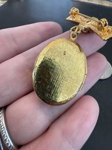 The Vatican Library Collection Gold Bar Locket Dangle Brooch Pin Red Crystals